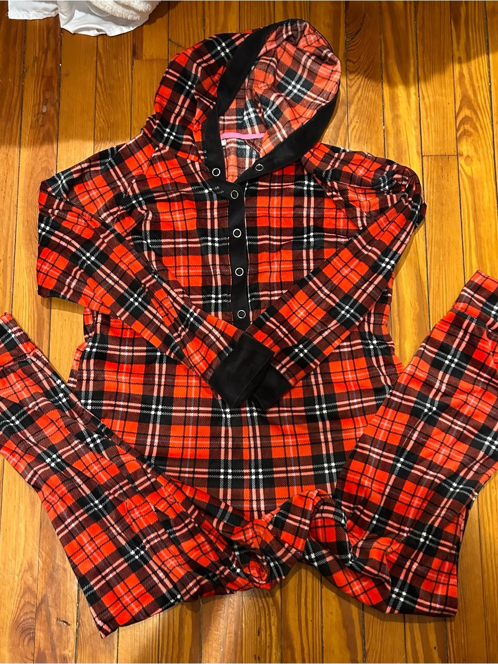 Red & Black Plaid Hooded Onesie Pajama